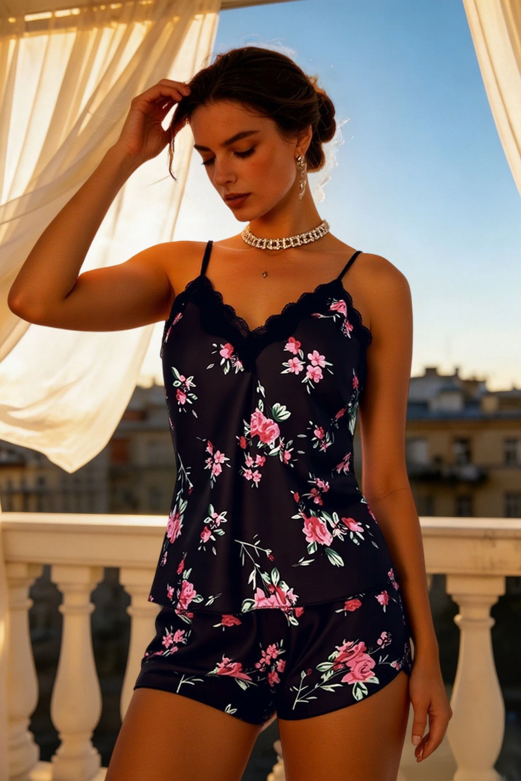 Printed Satin Cami Shorts Pajama Sets