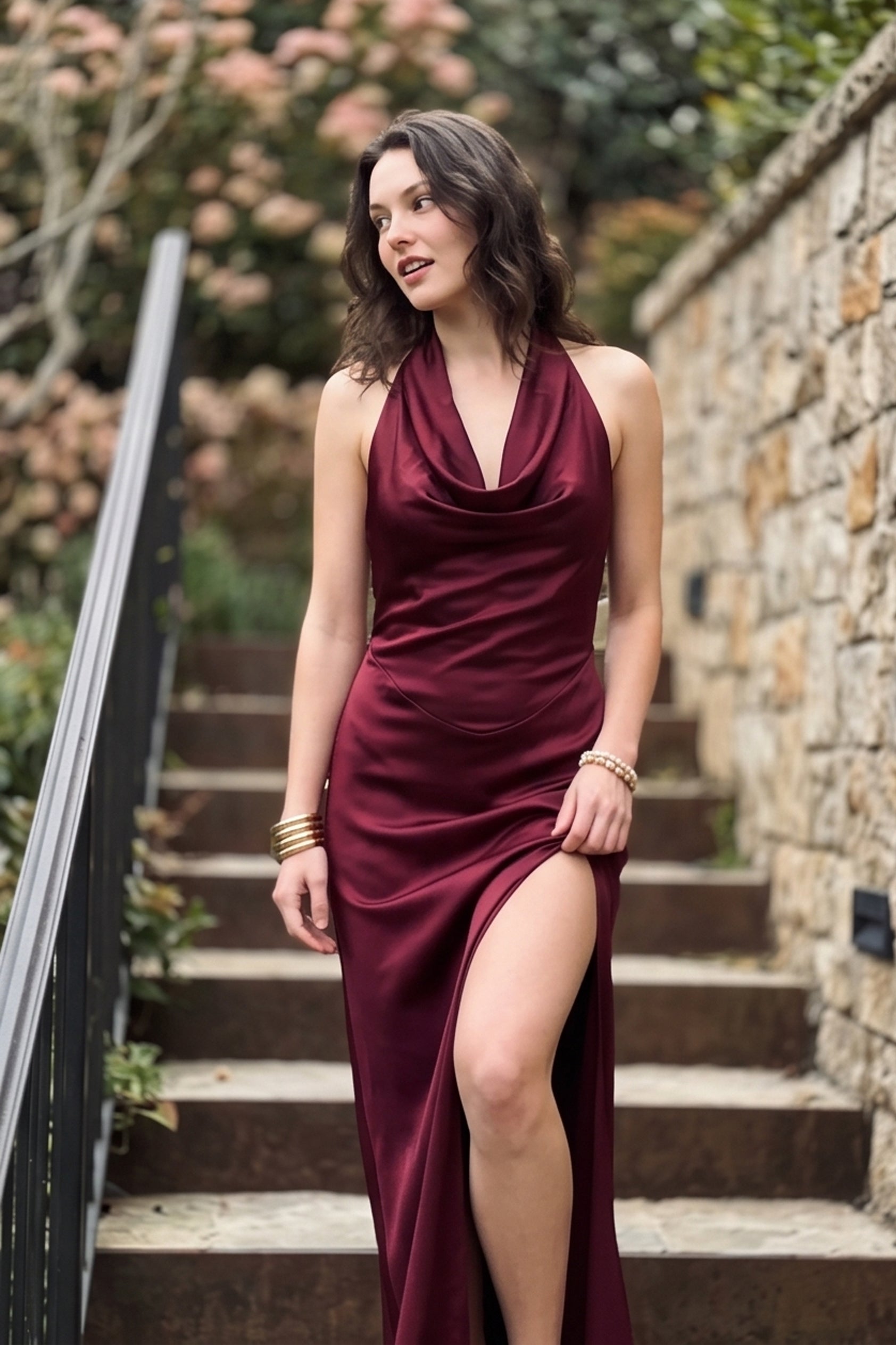 Satin Cowl Neck Halter Backless Slim Maxi Dress