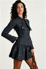 Embroidered Waist-Cinched Blazer & Mini Skirt Two Piece Set