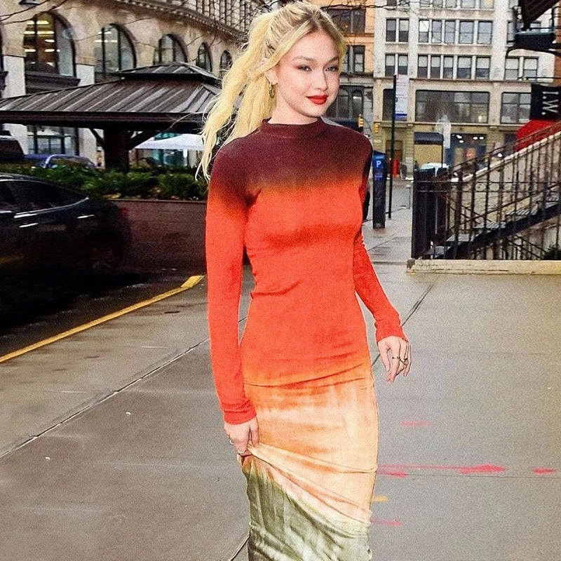 Ombre Round Neck Fitted Long Sleeve Maxi Dress