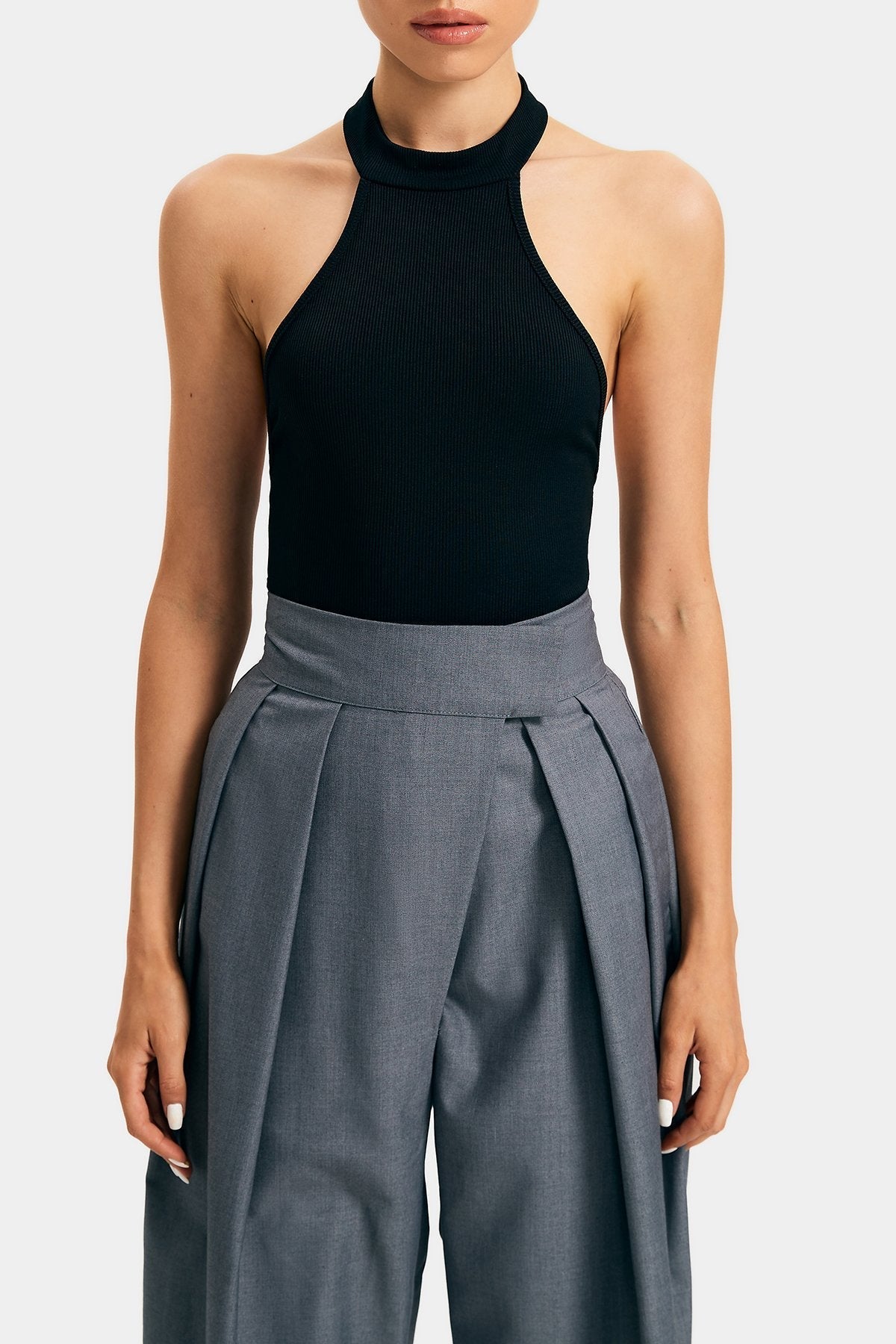 Halter Neck Open Back Sleeveless Ribbed Bodysuit