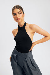 Halter Neck Open Back Sleeveless Ribbed Bodysuit