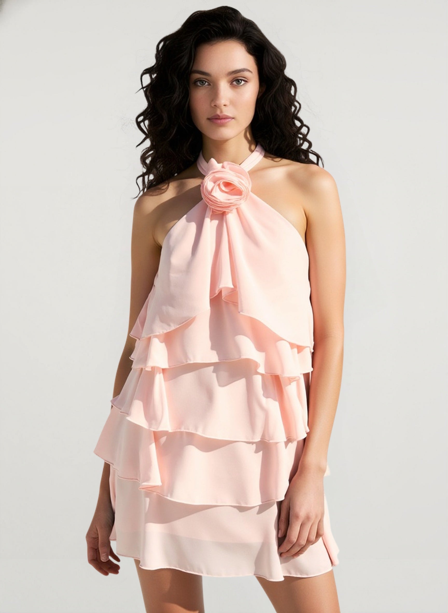 Halter Backless Floral Ruffle Mini Dress
