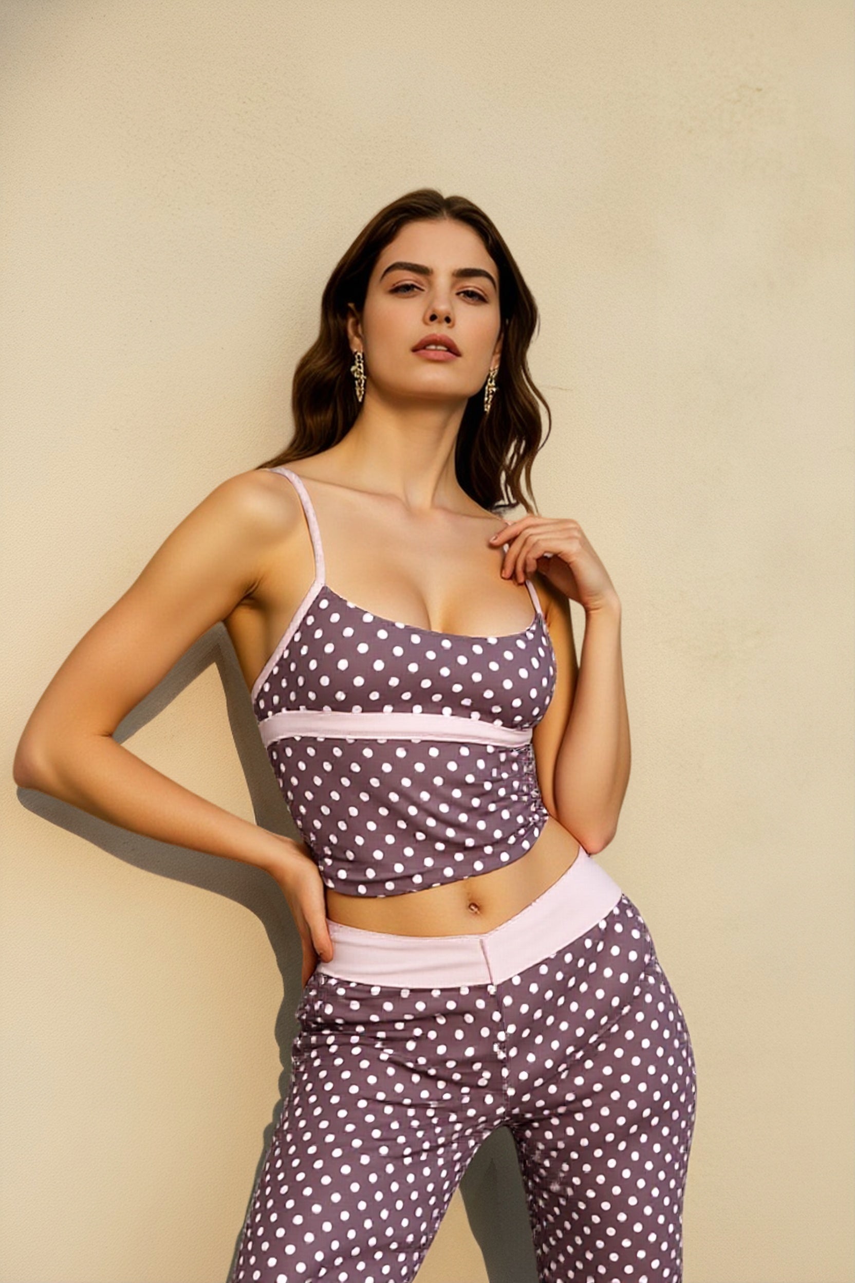 Contrast Polka Dot Sexy Tank Pants Two Piece Set