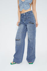 Low Waist Pocket Patched Wide Leg Jeans