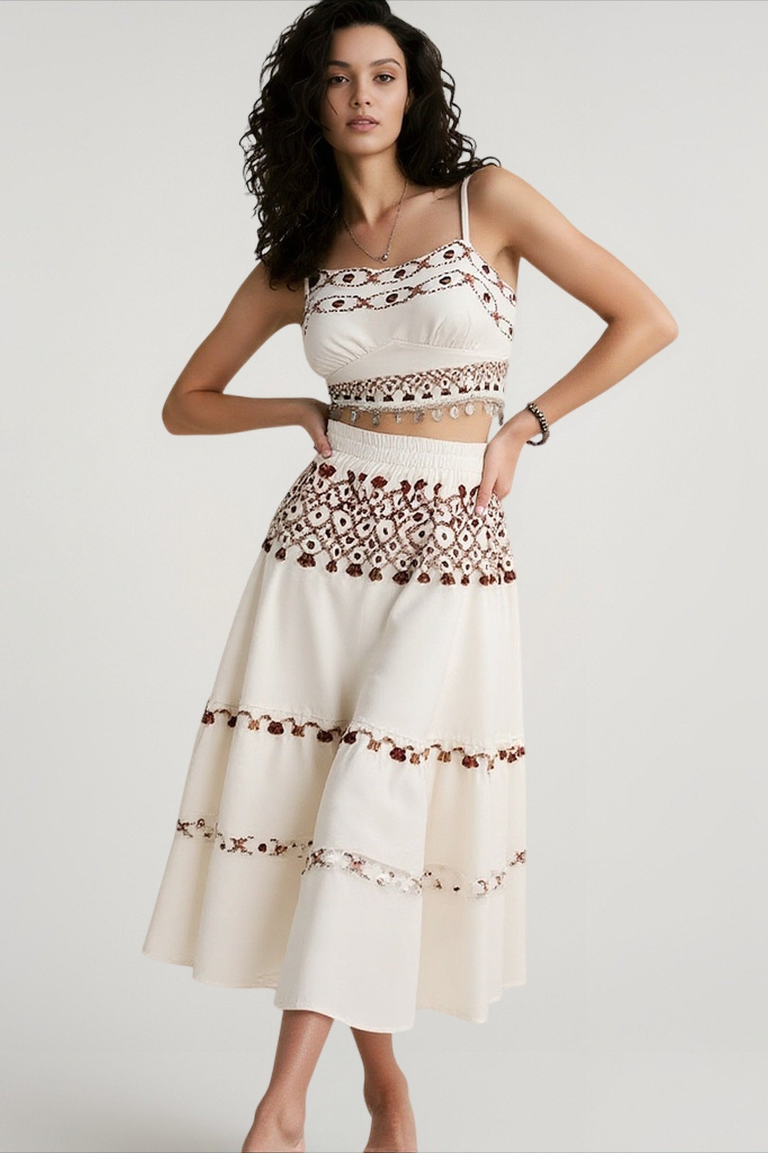 Bohemian vacation positioning printed beach women's suit, fringed webbing suspender top skirt two-piece set
