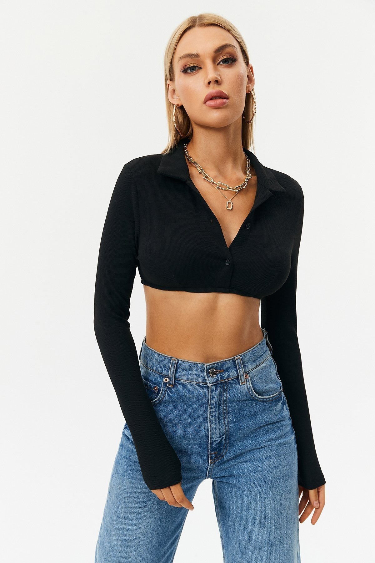 Solid Plunging Neck Button Front Long Sleeve Top