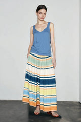 Print Pleated Silk Cotton Vacation Skirt
