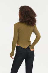 Ribbed Knit Asymmetrical Raw Hem Long Sleeve Sweater