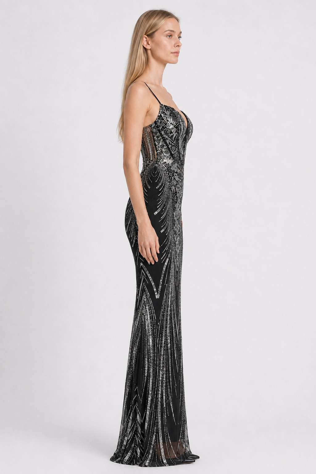 Boned Sequin Embroidered Formal Dress