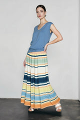 Print Pleated Silk Cotton Vacation Skirt