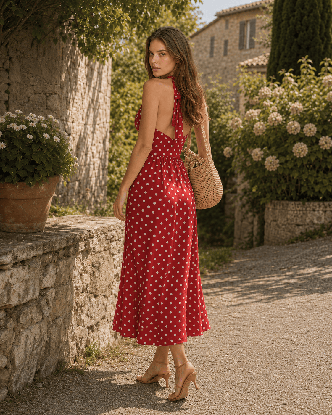 Red Polka Dot V-Neck Halter Backless Maxi Dress
