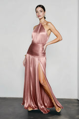 Metallic Pleated Slit Tie Halter Sleeveless Formal Dress