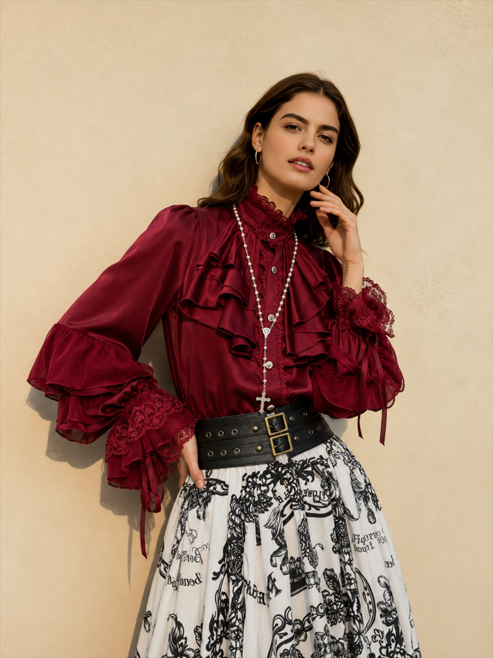 Dark Frill Batwing Sleeve Top