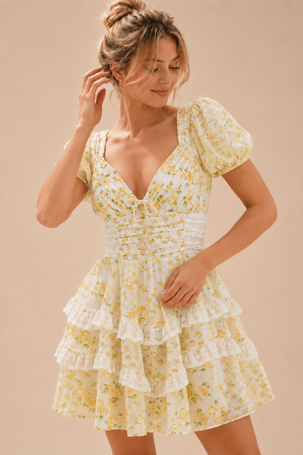 Floral Lace Patchwork V Neck Puff Short Sleeve Mini Dress