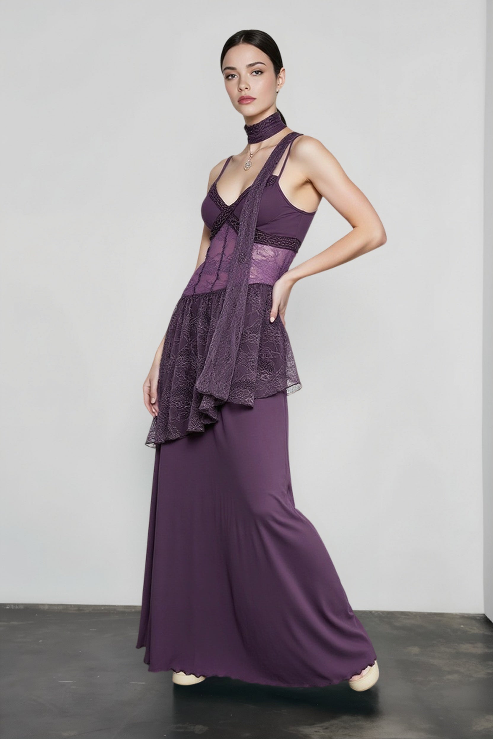 Lace Trim Sheer Waist Tie Cami Maxi Lace Dress