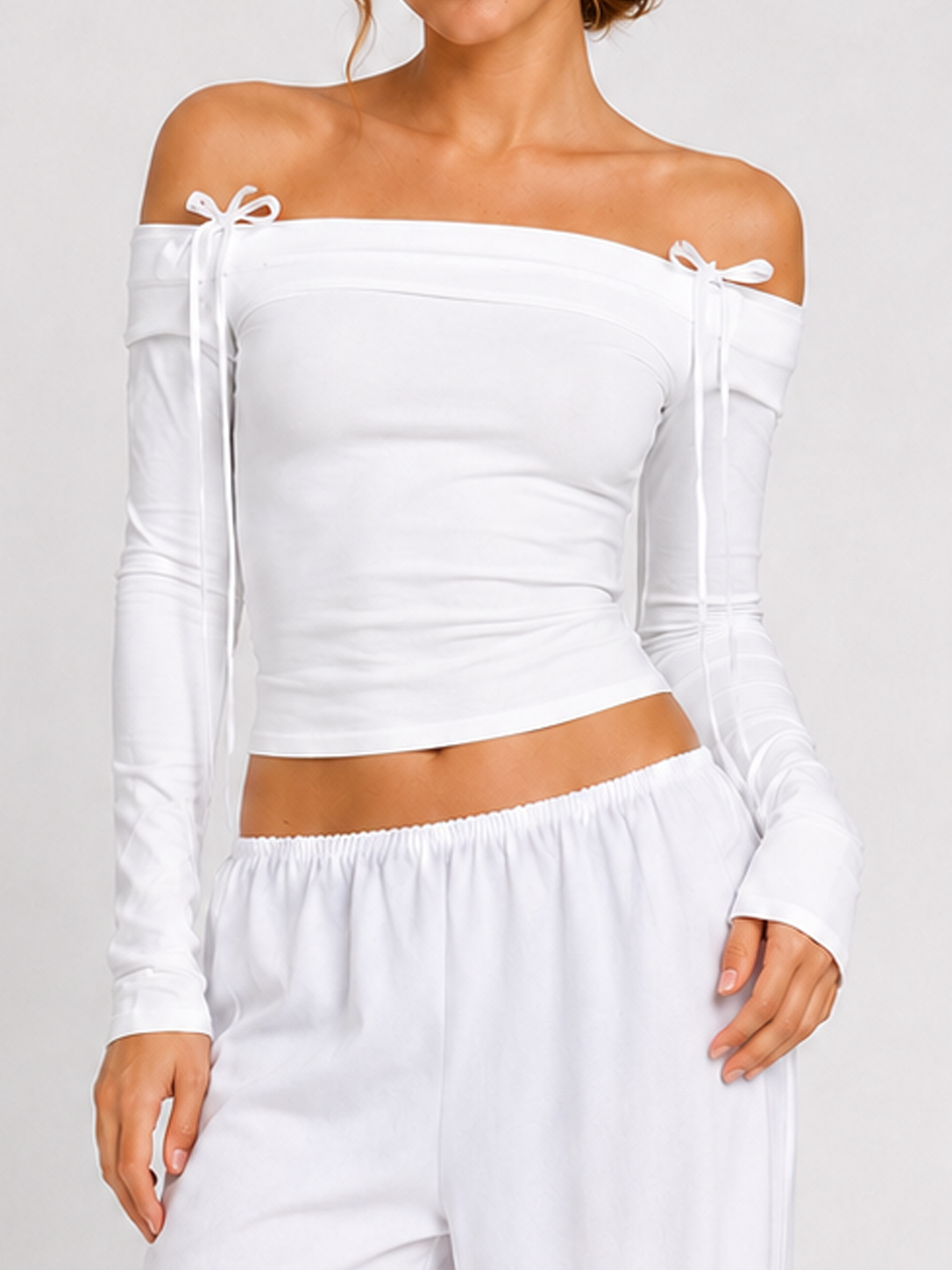 Off-the-Shoulder Tie Detail Fitted Long Sleeve Tee