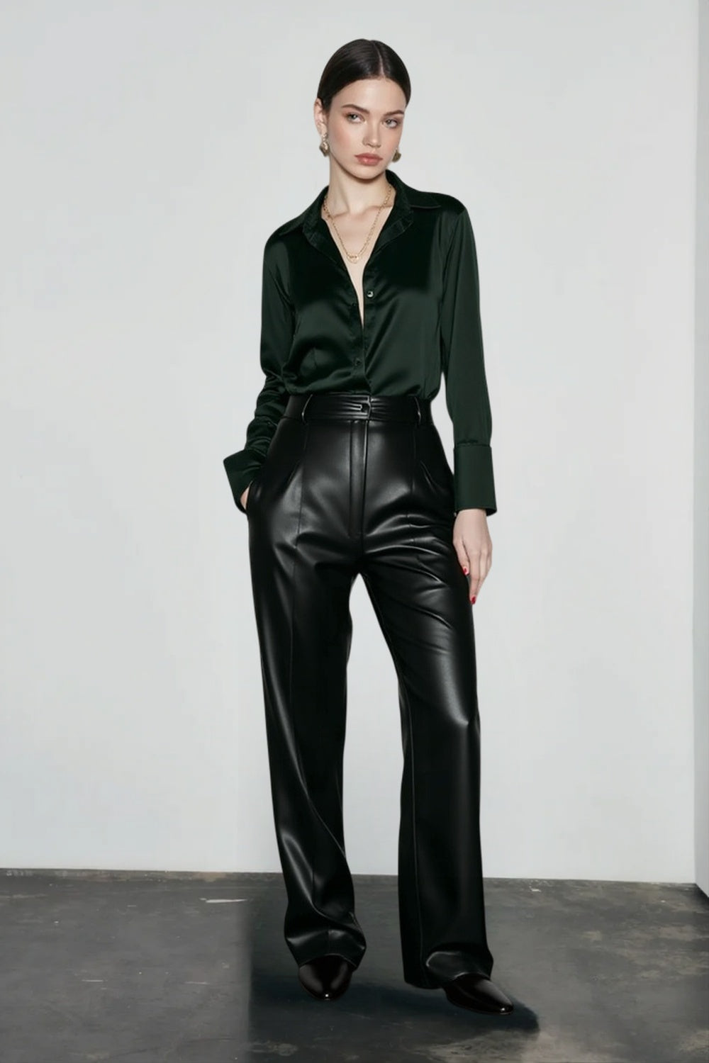 Lace Leather Panel Sheer  Long Sleeve Chic Blouse