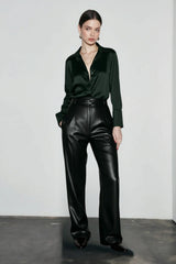 Lace Leather Panel Sheer  Long Sleeve Chic Blouse