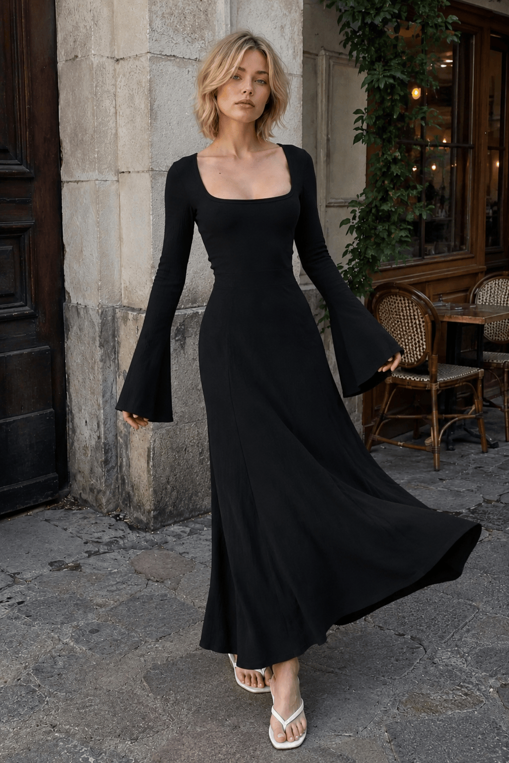 Elegant Fitted Long Sleeve Square Neck A-Line Party Dress
