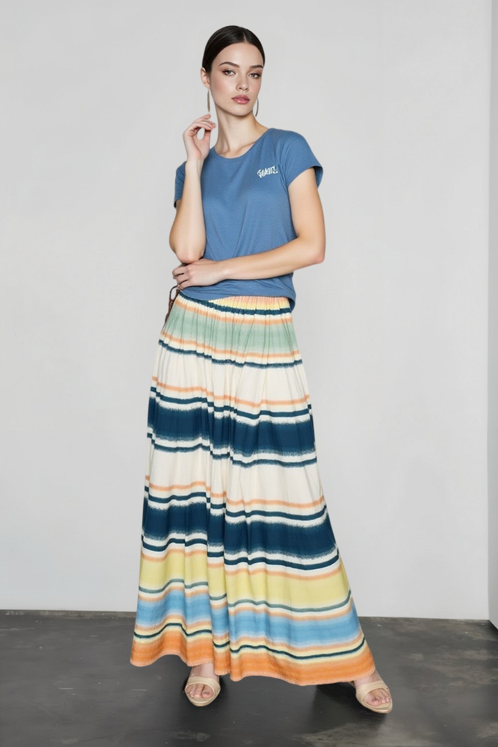 Print Pleated Silk Cotton Vacation Skirt