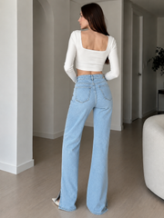 Asymmetric Elastic Waist Split Hem Denim Jeans