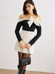Chiffon-Bow Off-Shoulder Slim Blouse