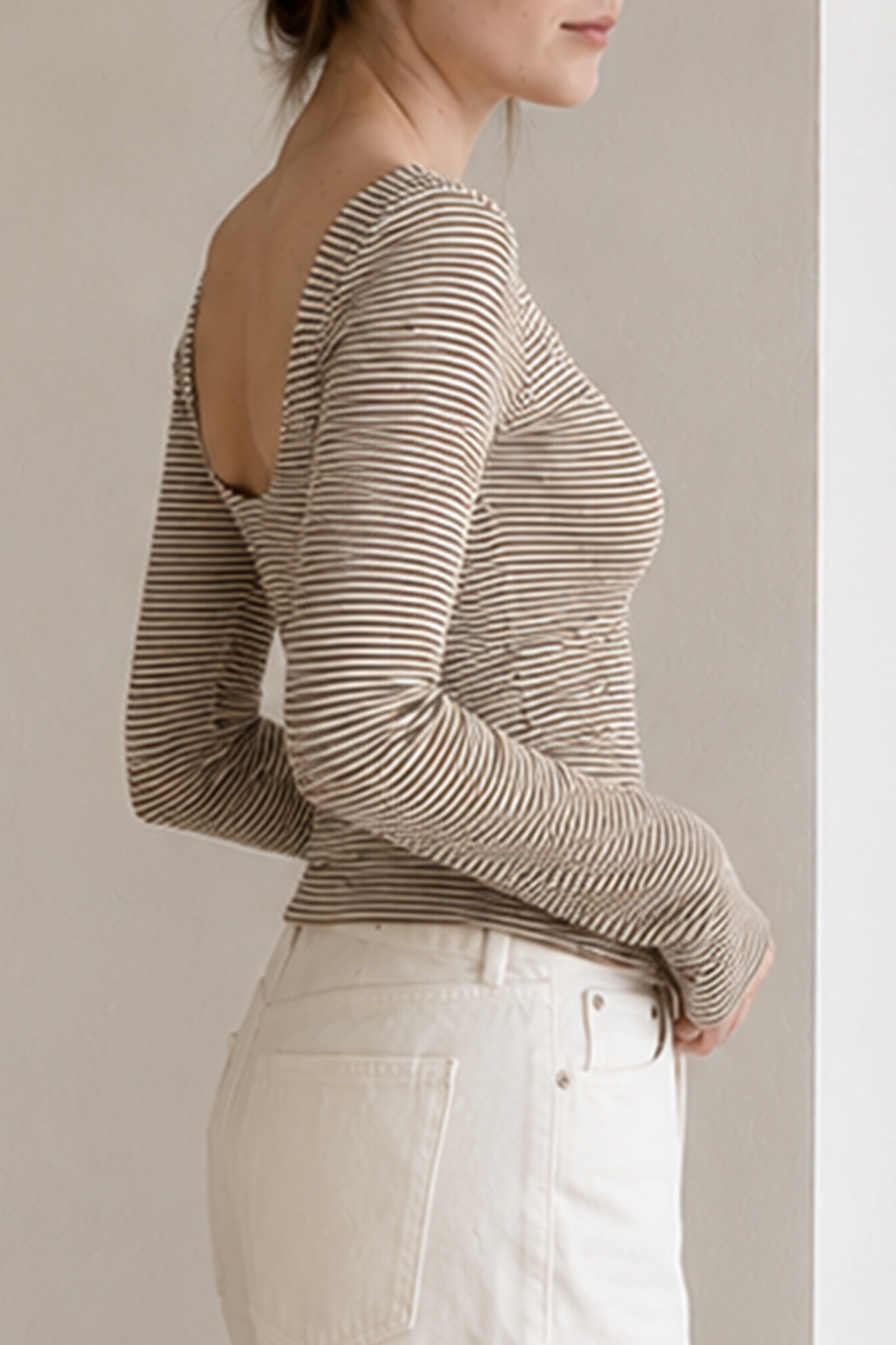 Basic Crew Neck Backless Striped Fitted Knit Blouse