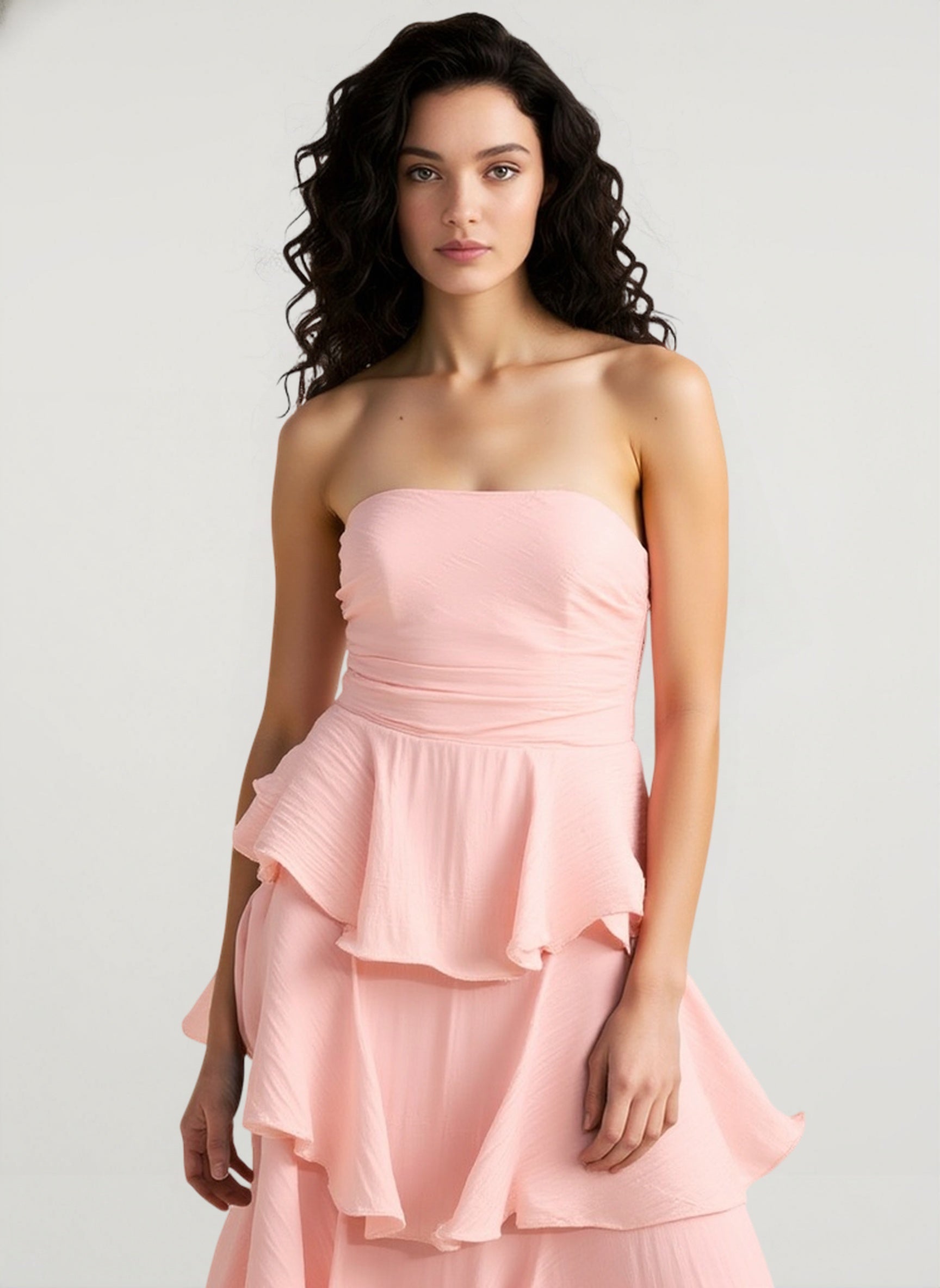 Fashion Strapless Backless Ruffle Tiered Midi Dress