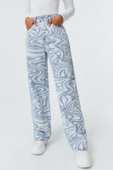 Wave Print High Waist Straight-leg Jeans