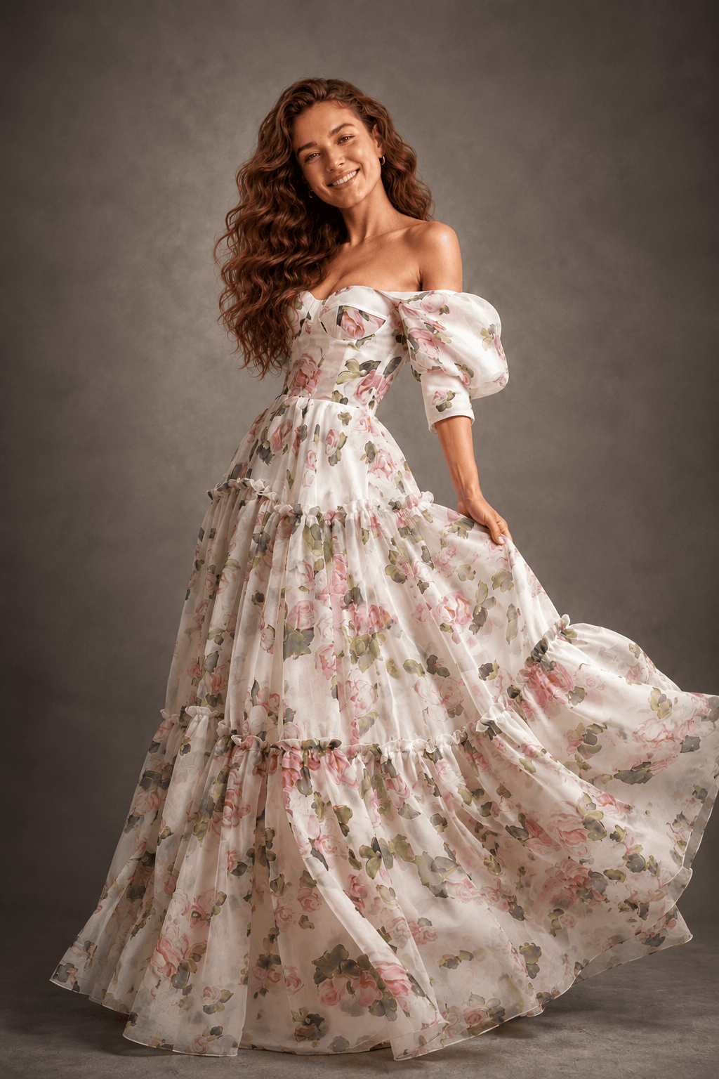 Floral Print Off Shoulder Puff Sleeve Organza Maxi Dress