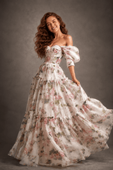 Floral Print Off Shoulder Puff Sleeve Organza Maxi Dress