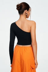Asymmetrical Neck Cut Out One Sleeve Crop Top