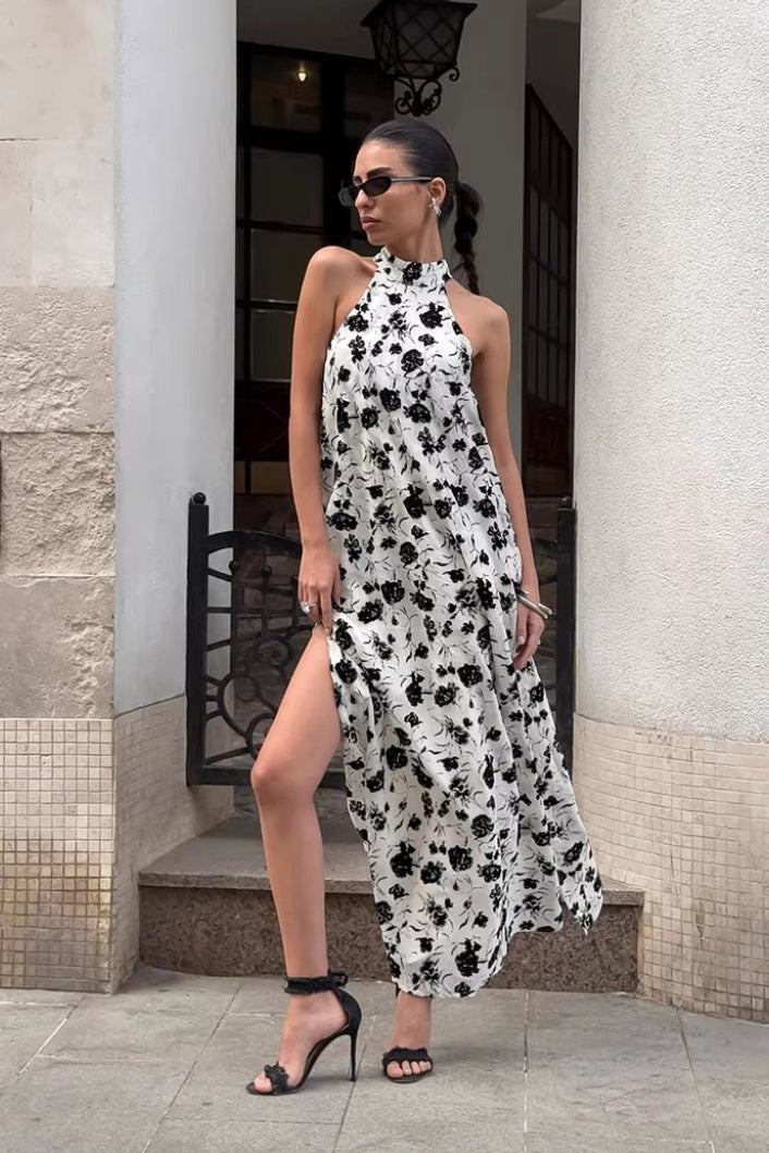 Printed Halter Mock Neck Vacation Dress