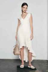 Romantic V Neck Ruffle Linen Vacation Dress