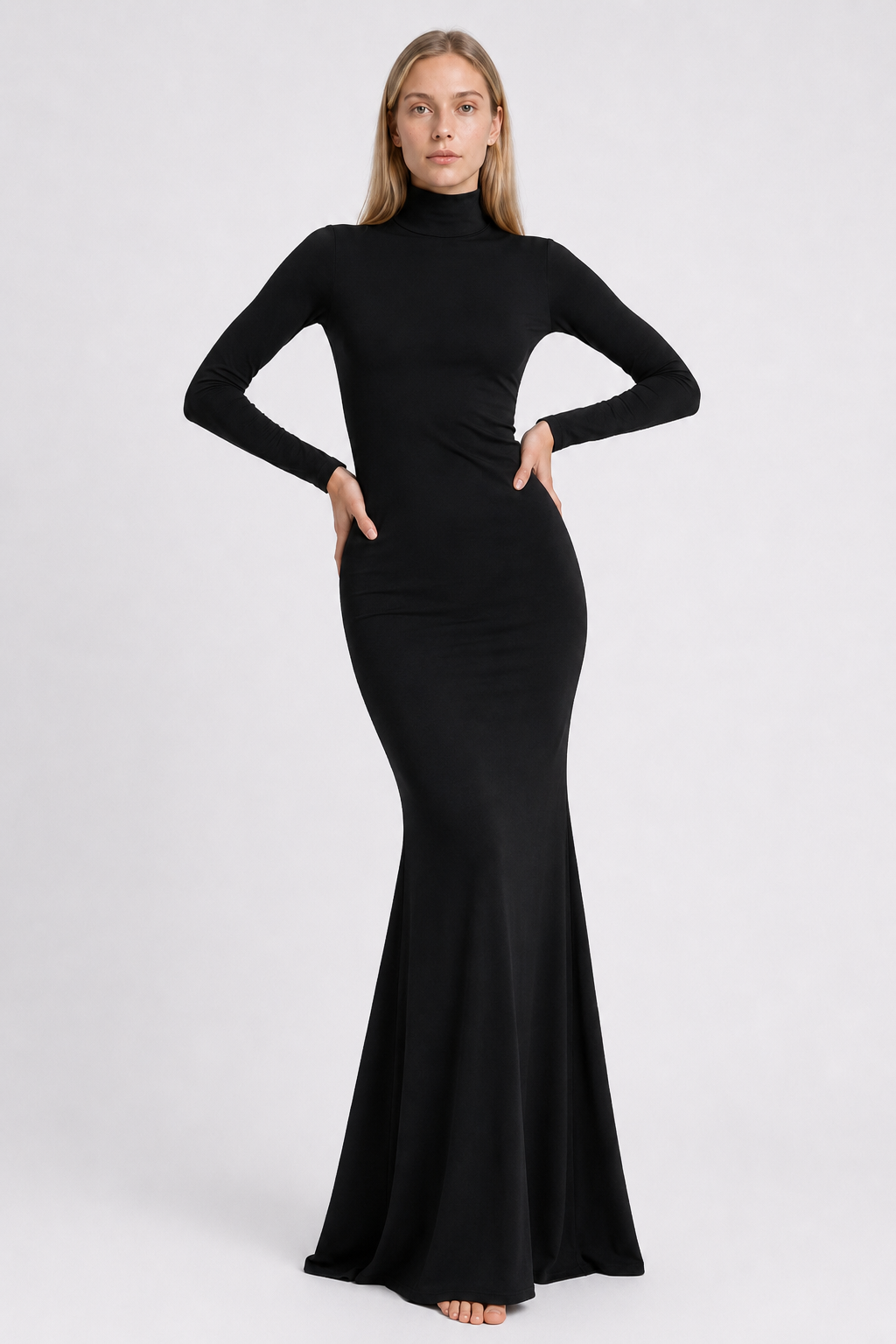 Solid Color High Neck Long Sleeve Maxi Dress