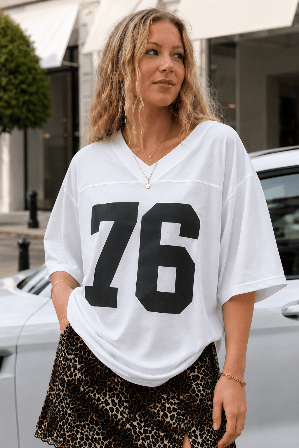 Casual Loose Number Print Off Shoulder Crew T-shirt