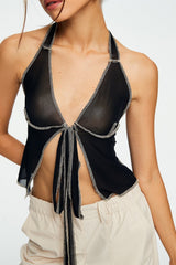 Top-stitching Split Hem Backless Mesh Crop Top