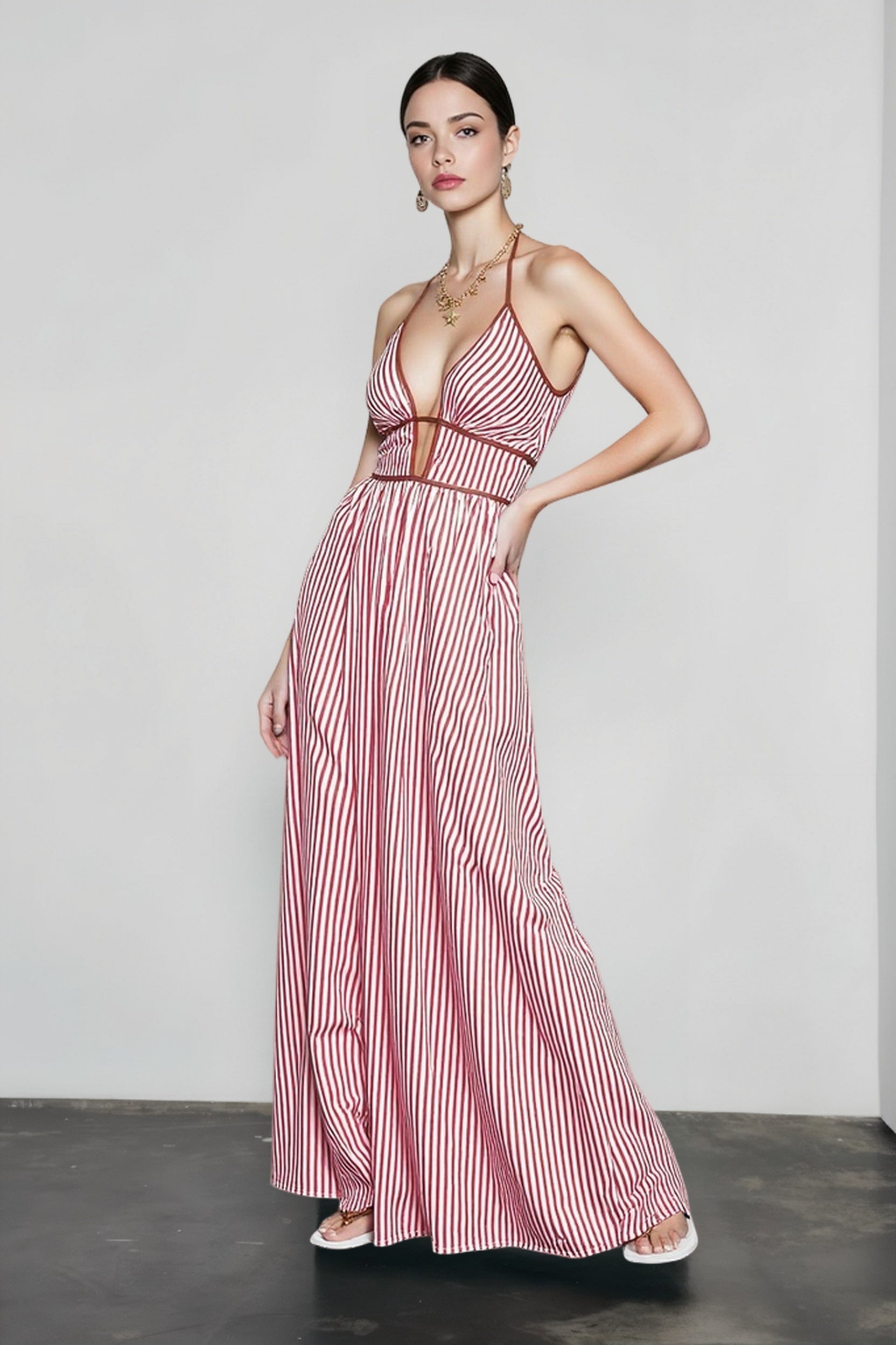 Deep V Striped Halter Vacation Dress