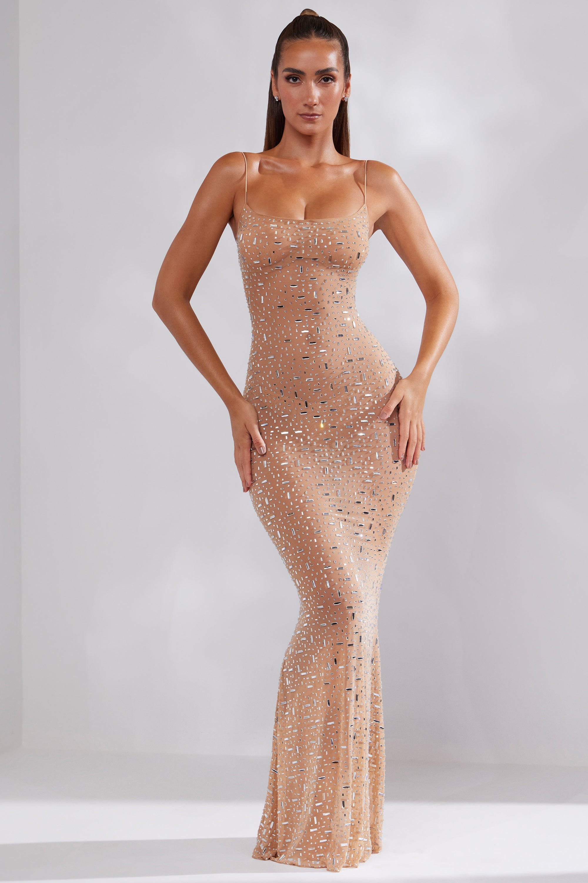 Sheer Embellished Scoop Neck Evening Gown