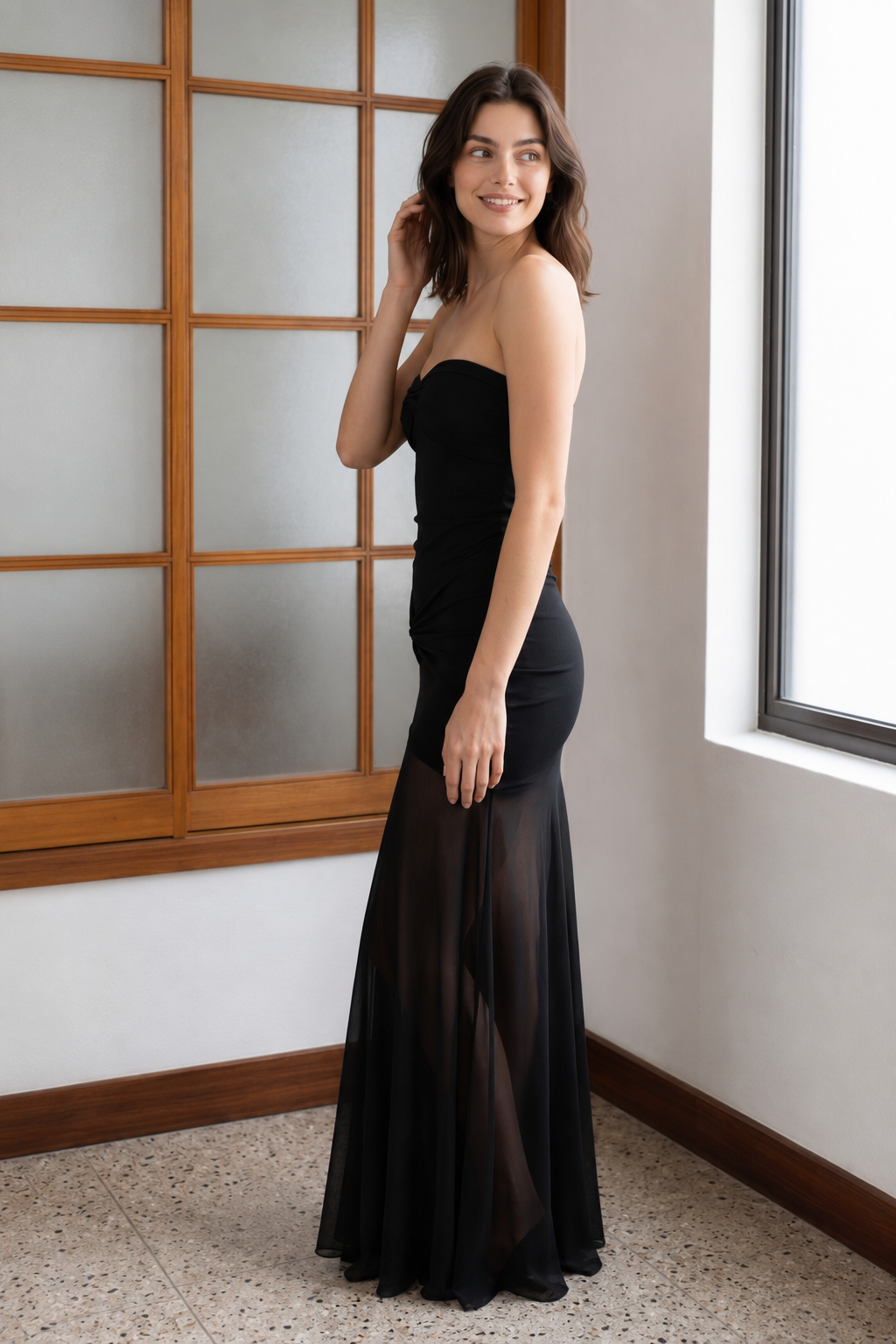 Mesh Patchwork Strapless Shirred Backless Bodycon Maxi Dress
