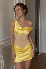 Faux Silk One-Shoulder Tulle Paneled Party Dress
