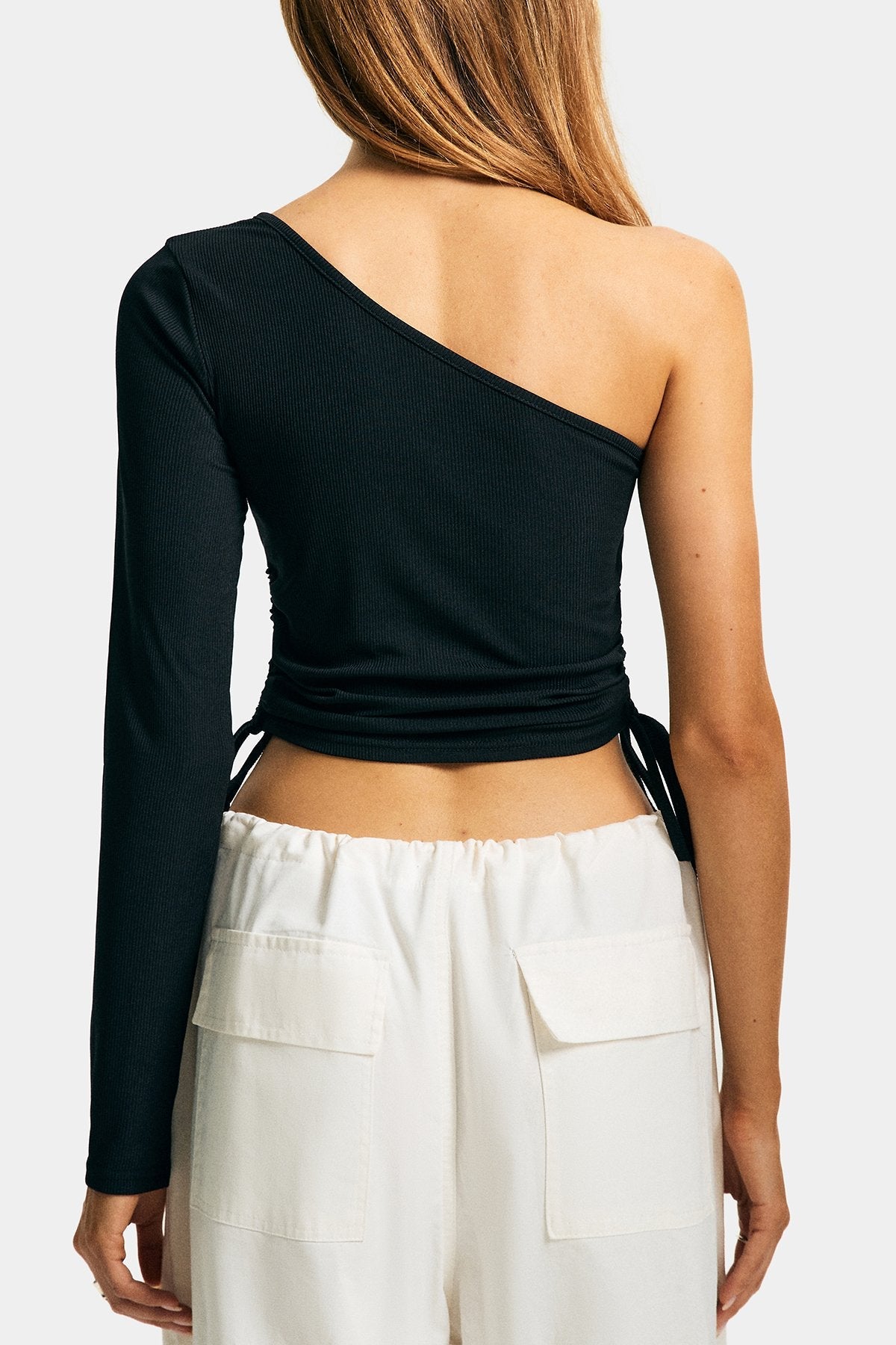 One Shoulder Ribbed Drawstring Long Sleeve Top