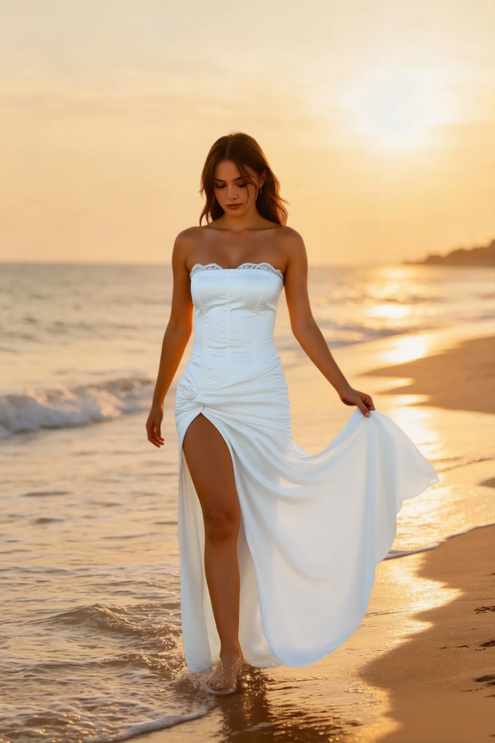 Satin Kink Detail Slit Maxi Dress