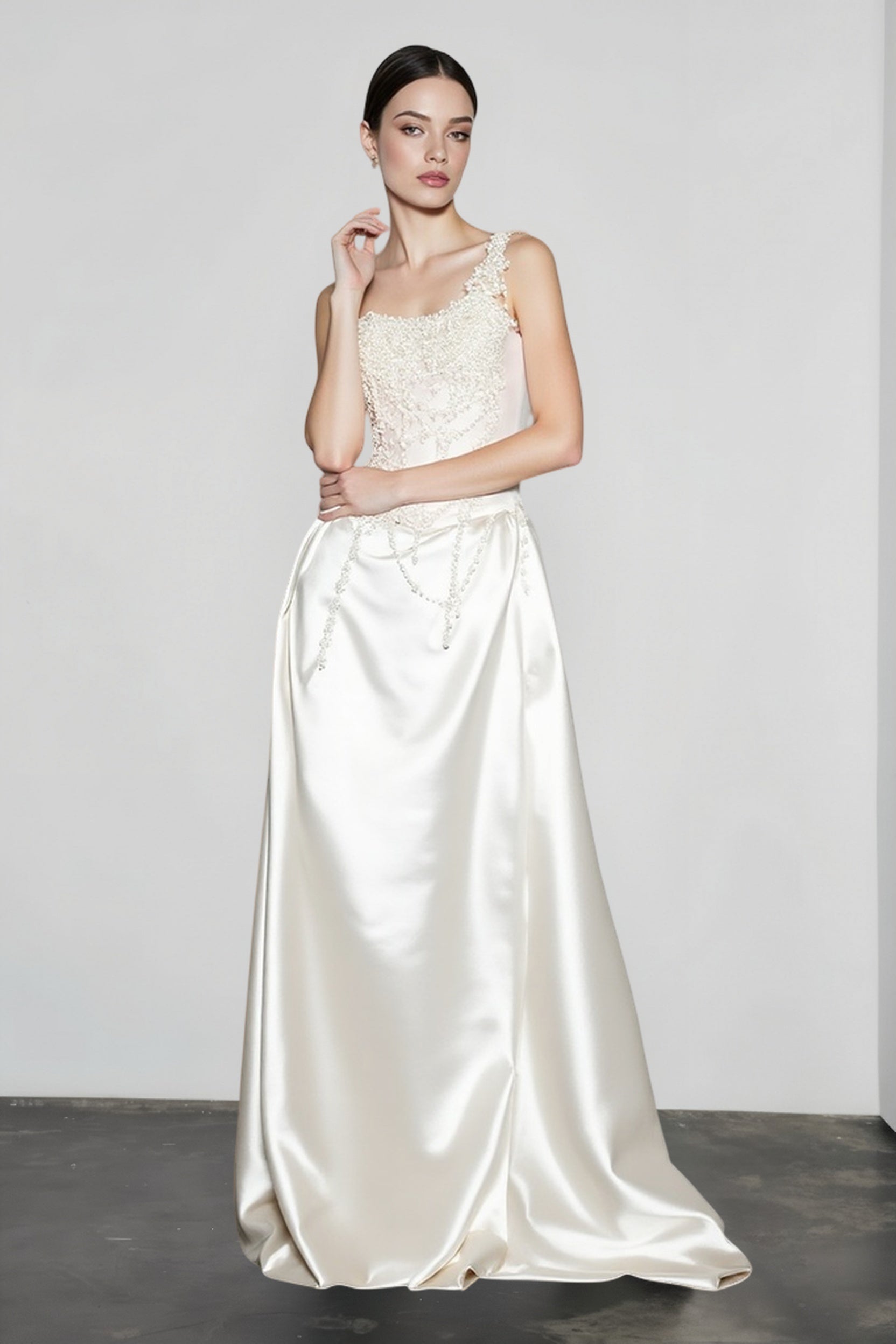 French Strapless Satin Pearl Prom Dress
