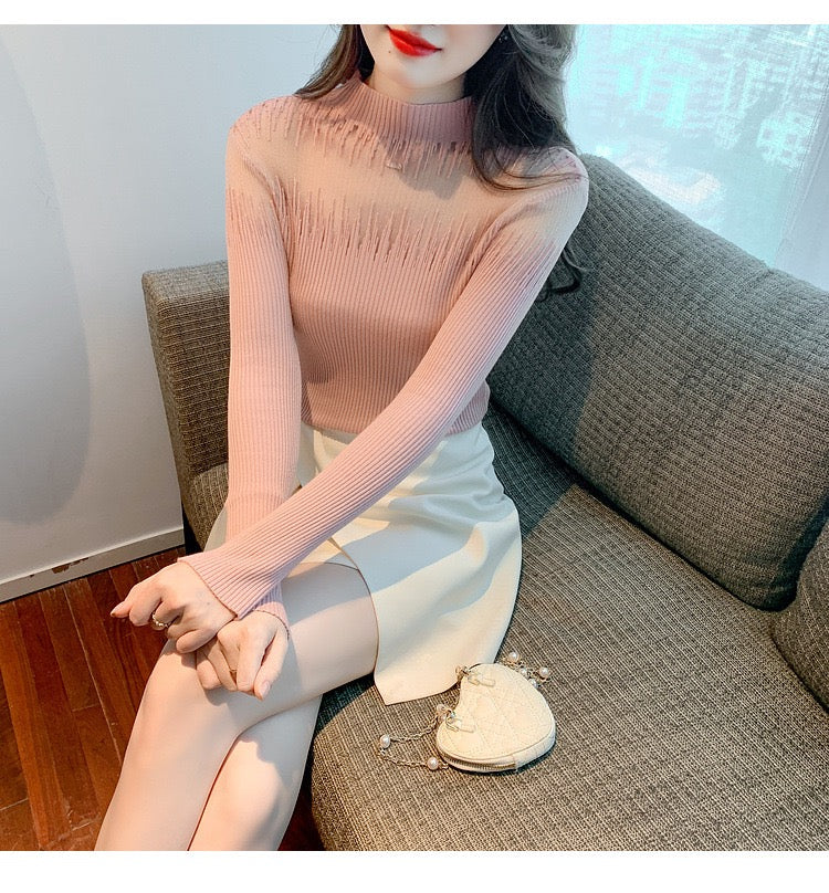 Mock Neck Sheer Panel Knit Top