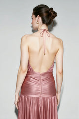Metallic Pleated Slit Tie Halter Sleeveless Formal Dress