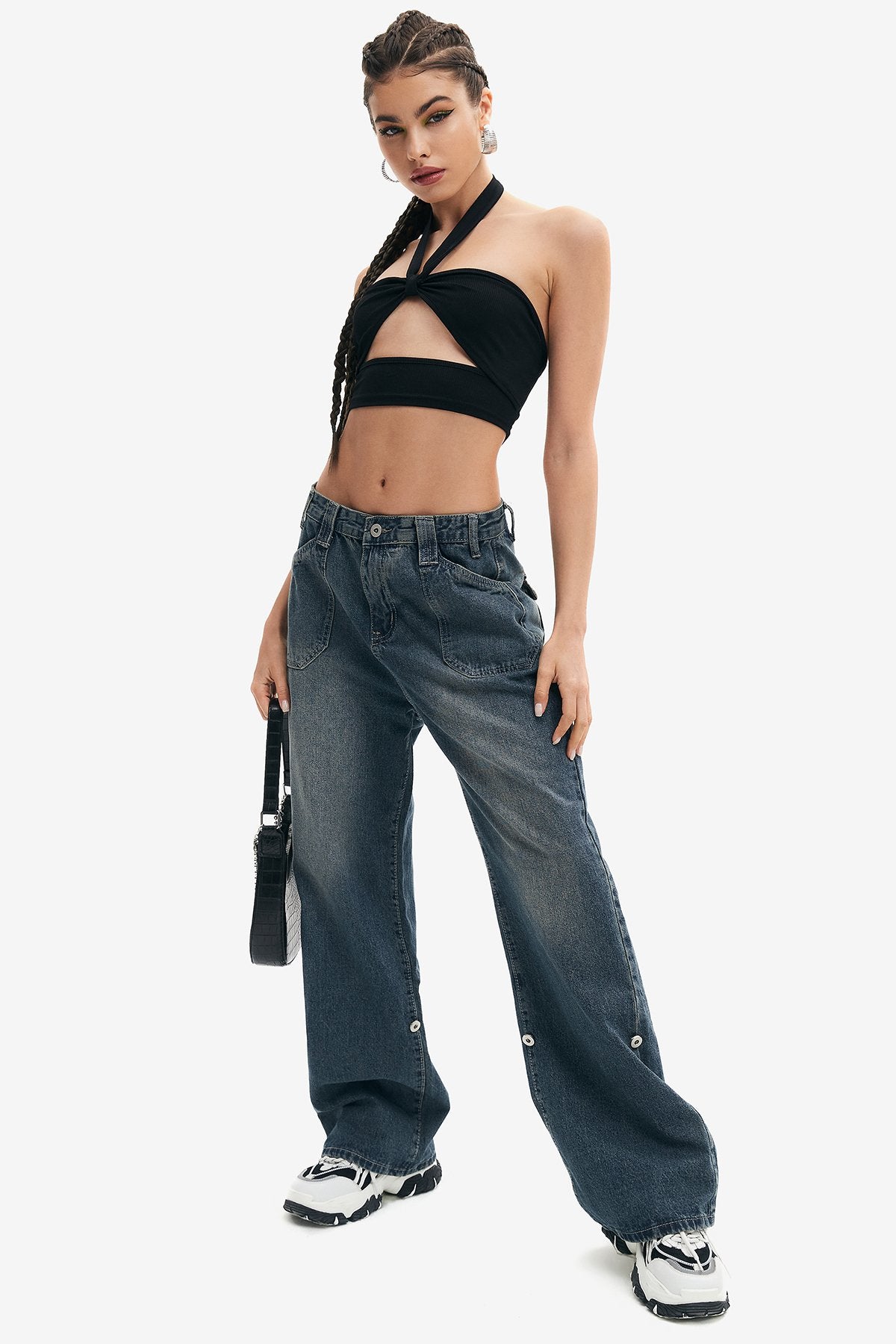 Washed Button Decor Low Waist Straight Leg Jeans