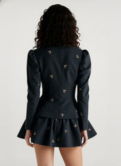 Embroidered Waist-Cinched Blazer & Mini Skirt Two Piece Set