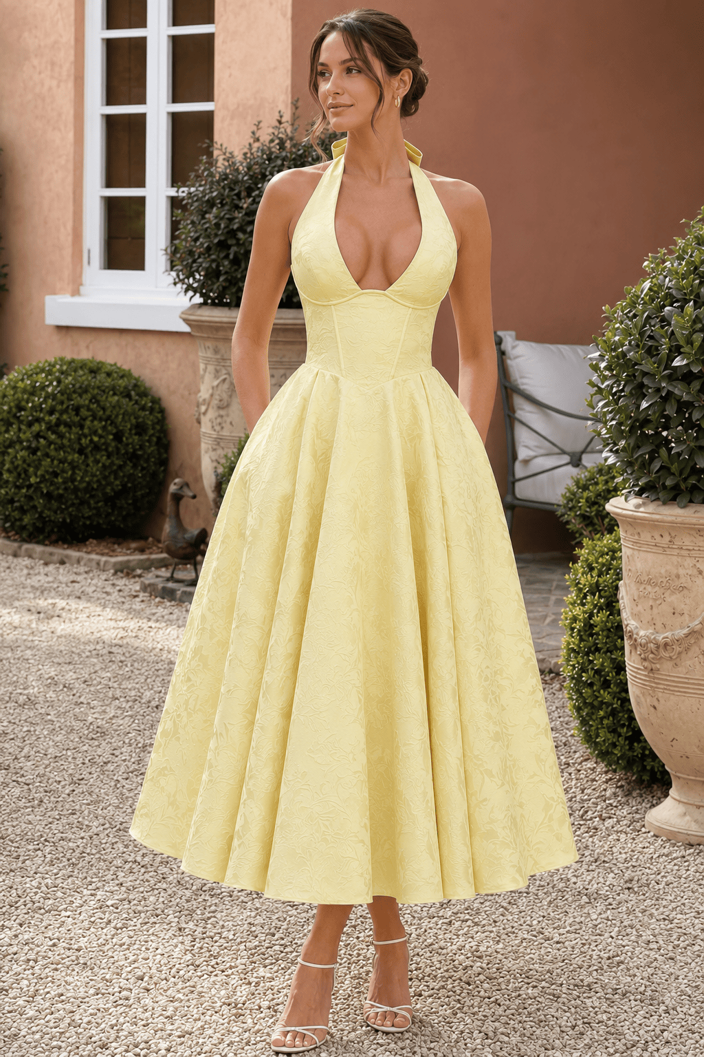 Halter V Neck Jacquard Backless Midi Dress